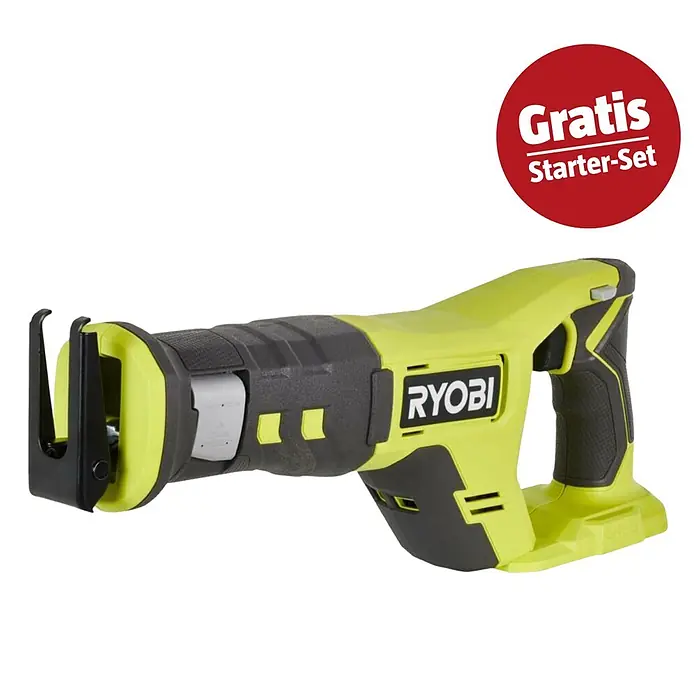 Ryobi ONE+ Maschinenpaket - Akku-Säbelsäge RRS18-0 + gratis Starter-Kit - Neongrüne und dunkelgraue Akku-Säbelsäge mit "Gratis Starter-Set" Aktion.