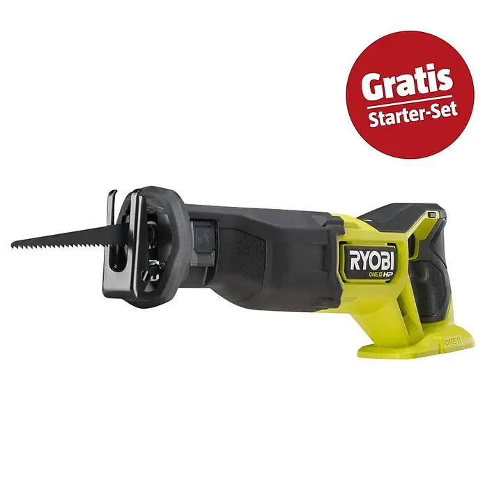 Ryobi ONE+HP Maschinenpaket - Akku-Säbelsäge RRS18X-0 + gratis Starter-Kit - Grün-schwarze Ryobi Säbelsäge mit schwarzem Sägeblatt und rotem "Gratis Starter-Set" Hinweis.