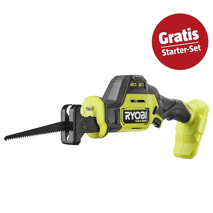 Ryobi ONE+HP Maschinenpaket - Akku-Säbelsäge RRS18C1-0 + gratis Starter-Kit - Limettengrüne und schwarze Ryobi Säbelsäge mit scharfem schwarzem Sägeblatt und rotem Hinweis 'Gratis Starter-Set'.