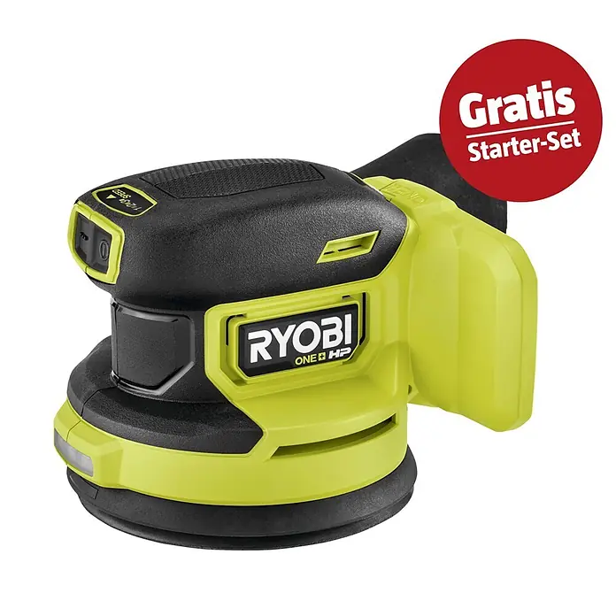 Ryobi ONE+ Maschinenpaket - Akku-Exzenterschleifer RROS18C-0 + gratis Starter-Kit - Ein limettengrüner und schwarzer Ryobi Exzenterschleifer, mit einem roten „Gratis Starter-Set“-Kreis.