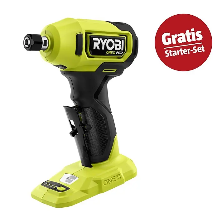 Ryobi ONE+HP Maschinenpaket - Akku-Geradschleifer RDG18C-0 + gratis Starter-Kit - Limonengrüner und schwarzer Ryobi Schlagschrauber mit einem roten 'Gratis Starter-Set' Emblem.