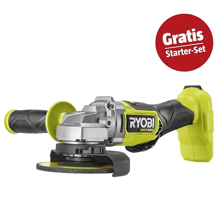 Ryobi ONE+HP Maschinenpaket - Akku-Winkelschleifer RAG18X125-0 + gratis Starter-Kit - Ryobi ONE+ HP Akku-Winkelschleifer in Limettengrün, Schwarz und Silber mit Trennscheibe und rotem 'Gratis Starter-Set'-Badge.