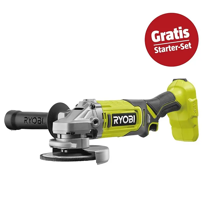 Ryobi ONE+ Maschinenpaket - Akku-Winkelschleifer RAG18125-1C40S + gratis Starter-Kit - Ryobi Akku-Winkelschleifer in Limettengrün und Grau mit schwarzem Griff, mit rotem "Gratis Starter-Set" Emblem.