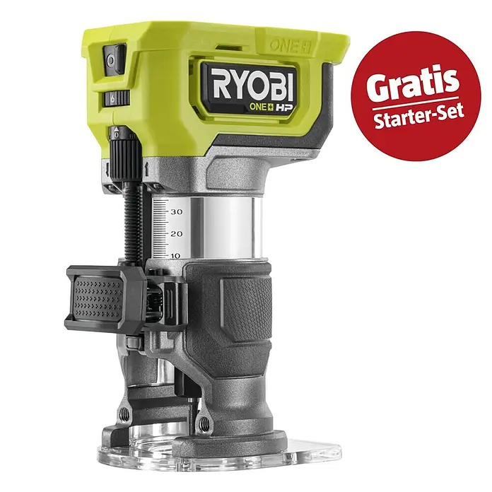 Ryobi ONE+HP Maschinenpaket - Akku-Kantenfräser RTR18C-0 + gratis Starter-Kit - Ryobi ONE+ HP Oberfräse in Grün, Schwarz und Silber mit Tiefenskala und Drehzahlregler, inklusive Gratis Starter-Set.