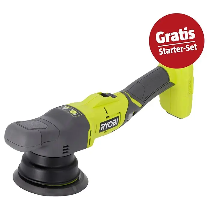 Ryobi ONE+ Maschinenpaket - Akku-Exzenterpolierer R18P-0 + gratis Starter-Kit - Akku-Ryobi-Exzenterschleifer/Poliermaschine in Grün und Grau mit einem "Gratis Starter-Set" Abzeichen.