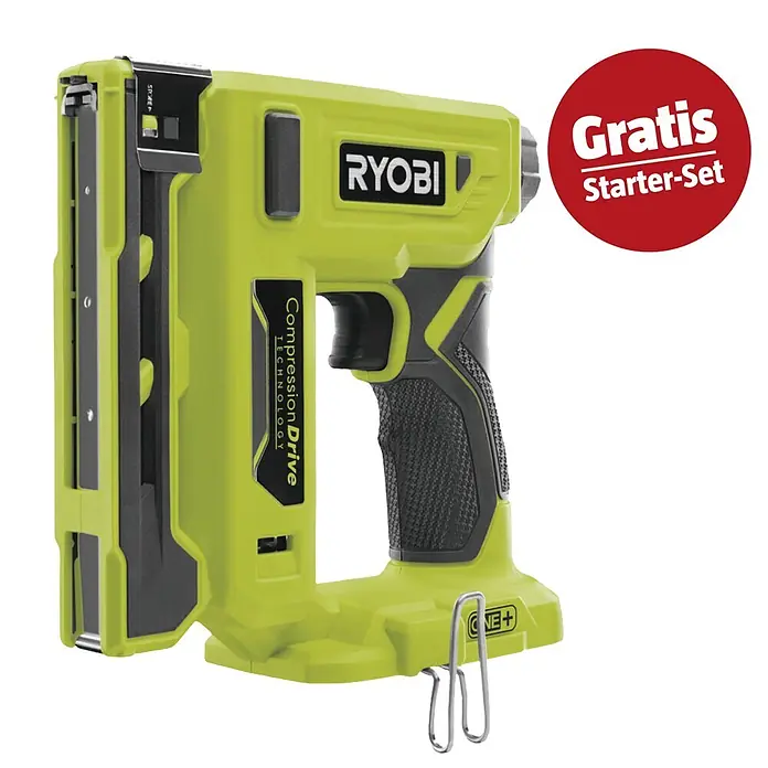 Ryobi ONE+ Maschinenpaket - Akku-Tacker R18ST50-0 + gratis Starter-Kit - Ryobi Akku-Klammergerät/Nagler in Limettengrün und Schwarz mit Kompressionsantriebstechnologie und "Gratis Starter-Set" Aktion.