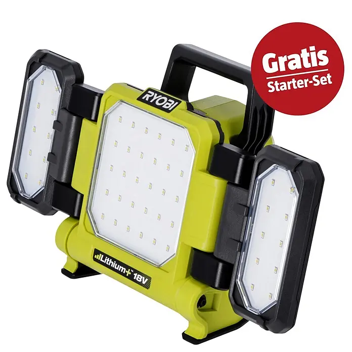 Ryobi ONE+ Maschinenpaket - LED-Akkustrahler RLP18-0 + gratis Starter-Kit - Limetten-grüne und schwarze Ryobi LED-Arbeitsleuchte mit zentralem und zwei verstellbaren Seitenpaneelen, Tragegriff und rotem "Gratis Starter-Set" Etikett.