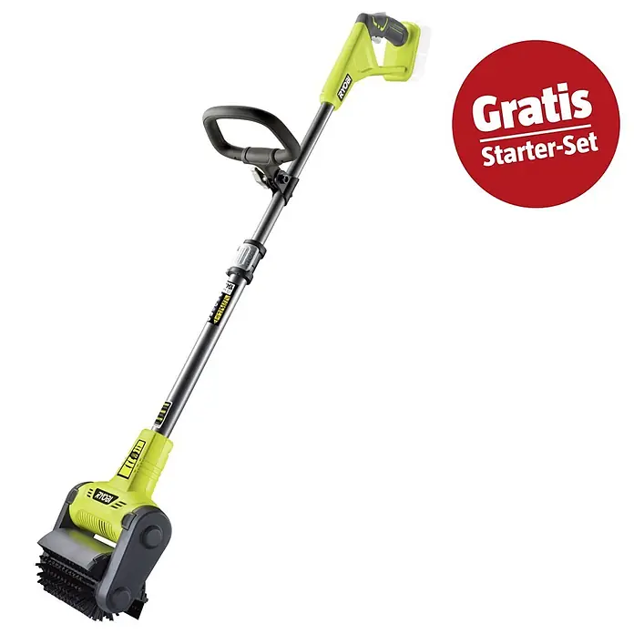 Ryobi ONE+ Maschinenpaket - Oberflächenreiniger RY18PCB-0 + gratis Starter-Kit - Grün-schwarze Ryobi Akku-Unkrautbürste mit rotem "Gratis Starter-Set" Sticker.