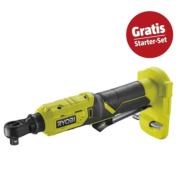 Ryobi ONE+ Maschinenpaket - Akku-Ratschenschrauber R18RW2-0 + gratis Starter-Kit - Gelb-grüne und schwarze Ryobi Akku-Ratsche, mit rotem 'Gratis Starter-Set' Abzeichen.
