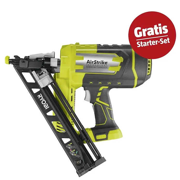 Ryobi ONE+ Maschinenpaket - Akku-Nagler R15GN18-0 + gratis Starter-Kit - Ryobi AirStrike Akku-Nagelpistole in Grün und Schwarz mit Aufkleber „Gratis Starter-Set“.