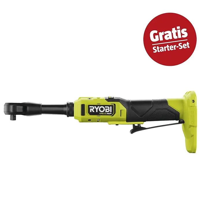 Ryobi ONE+HP Maschinenpaket - Akku-Ratschenschrauber RRW1838X-0 + gratis Starter-Kit - Grün-schwarze Ryobi ONE+ HP Akku-Ratsche mit rotem 'Gratis Starter-Set' Aufkleber. Leistungsstarkes Werkzeug für Befestigungsaufgaben.