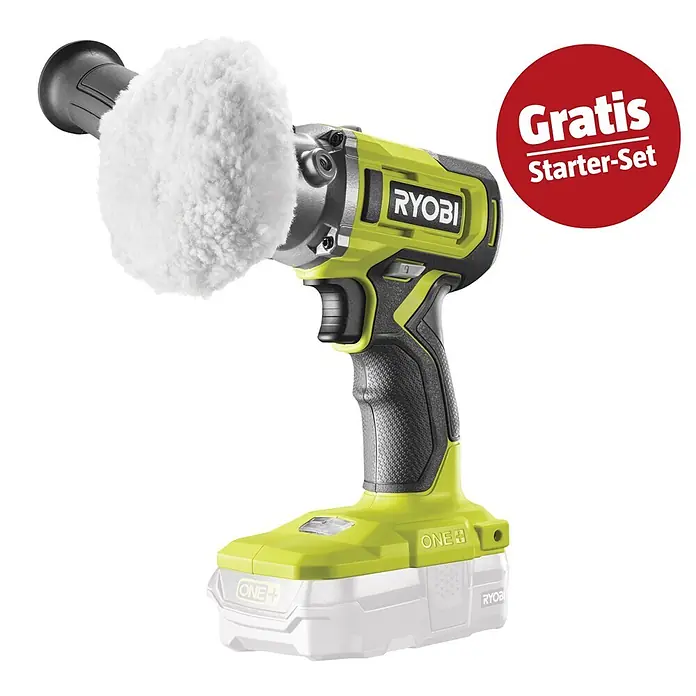 Ryobi ONE+ Maschinenpaket - Akku-Polierschleifer RDP18-0 + gratis Starter-Kit - Ein grüner und schwarzer Ryobi ONE+ Akku-Polierer mit weißem Polierfell und Akku, sowie rotem „Gratis Starter-Set“ Aufkleber.