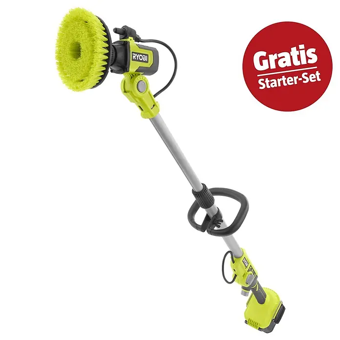 Ryobi ONE+ Maschinenpaket - Akku-Reinigungsbürste RWTS18-0 + gratis Starter-Kit - Ryobi grüner & schwarzer Akku-Schrubber mit großem Bürstenkopf und 'Gratis Starter-Set' Text im roten Kreis.