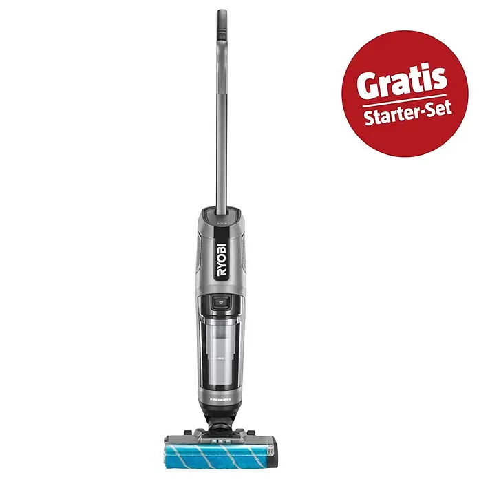 Ryobi ONE+ Maschinenpaket - Akku-Hartbodenreiniger RHFC18BL-0 + gratis Starter-Kit - Grauer und schwarzer Ryobi Nass-/Trockensauger mit transparentem Tank und blauer Bürstenrolle. Inklusive rotem "Gratis Starter-Set"-Badge.