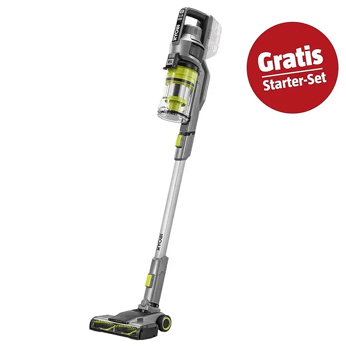 Ryobi ONE+ Maschinenpaket - Akku-Handstaubsauger RSVS18-0 + gratis Starter-Kit - Grauer und lindgrüner Ryobi Stielstaubsauger mit transparentem Staubbehälter. Enthält einen roten "Gratis Starter-Set" Aufkleber.
