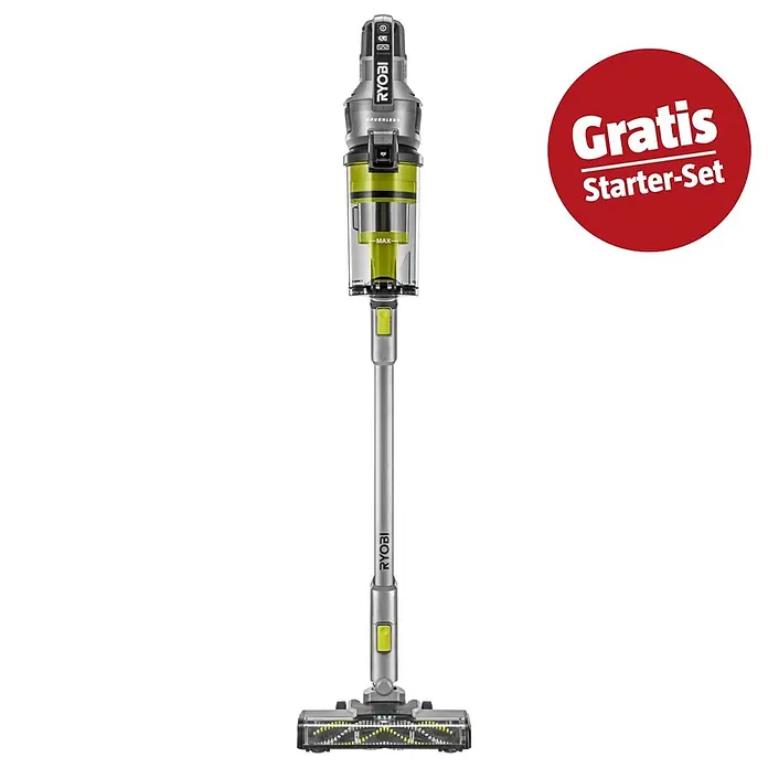 Ryobi ONE+ Maschinenpaket - Akku-Staubsauger RSVS18BL-0 + gratis Starter-Kit - Grau-grüner Ryobi Stielstaubsauger mit rotem "Gratis Starter-Set" Abzeichen.