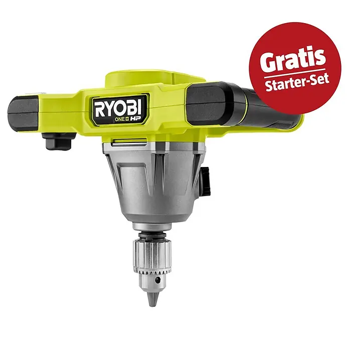 Ryobi ONE+HP Maschinenpaket - Akku-Rührwerk RPM18X-0 + gratis Starter-Kit - Neongrüner und schwarzer Ryobi ONE+ HP Rührquirl mit silbernem Bohrfutter. Roter Aufkleber: 'Gratis Starter-Set'.