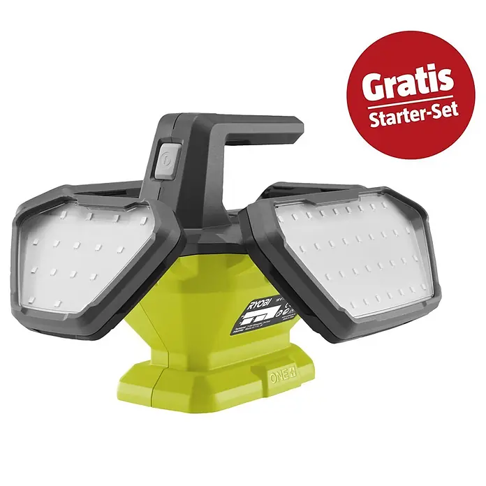 Ryobi ONE+ Maschinenpaket - LED-Akkustrahler R18L360-0 + gratis Starter-Kit - Limettengrüne und dunkelgraue Ryobi LED-Arbeitsleuchte mit zwei verstellbaren Panelen, Griff und einem roten 'Gratis Starter-Set' Aufkleber.