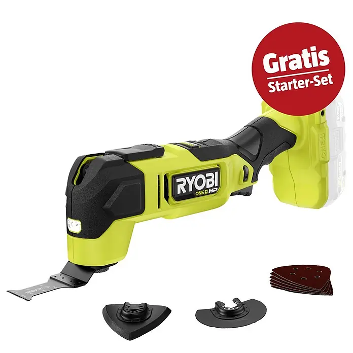 Ryobi ONE+HP Maschinenpaket - Akku-Multifunktionswerkzeug RMT18X-0 + gratis Starter-Kit - Grün-schwarzes Ryobi Oszillierwerkzeug mit Sägeblatt, Akku und einem 'Gratis Starter-Set' (Schleifplatte, extra Klinge, Schleifpapier).