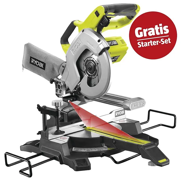 Ryobi ONE+ Maschinenpaket - Akku-Kapp- & Gehrungssäge R18MS216-0 + gratis Starter-Kit - Gelb-grüne und graue Ryobi Kappsäge mit schwarzem Untergestell, Staubfangsack und rotem Laser.