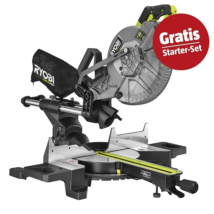Ryobi ONE+HP Maschinenpaket - Akku-Kapp- & Gehrungssäge RMS25418X-0 + gratis Starter-Kit - Eine schwarze und graue Gehrungssäge mit gelben Akzenten und Staubbeutel. Ein roter Kreis sagt "Gratis Starter-Set".
