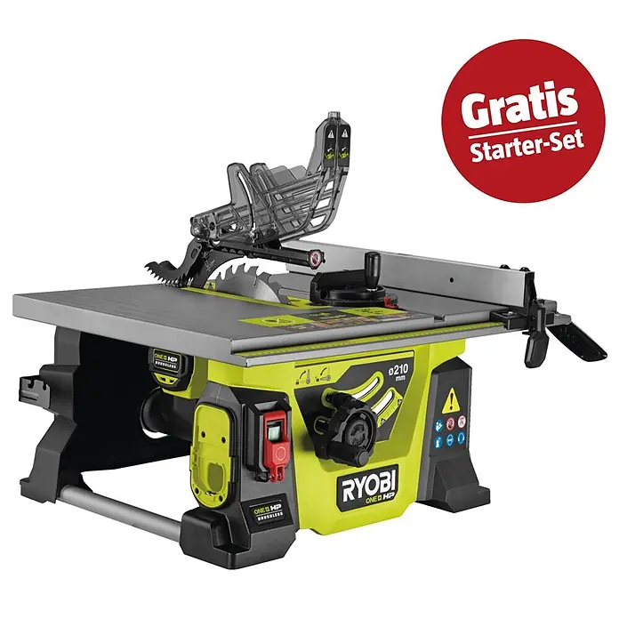 Ryobi ONE+HP Maschinenpaket - Akku-Tischkreissäge RTBS18X-0 + gratis Starter-Kit - Ryobi ONE+ HP bürstenlose Tischkreissäge in Limettengrün und Schwarz mit 210-mm-Blatt und „Gratis Starter-Set“-Aktion.