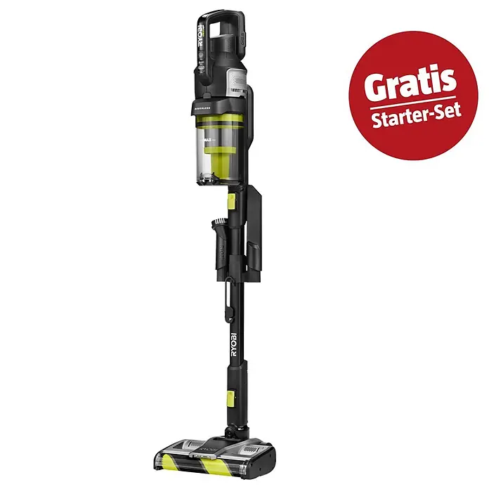 Ryobi ONE+ Maschinenpaket - Akku-Staubsauger RASV18BL-0 + gratis Starter-Kit - Schwarzer und lindgrüner Ryobi Akku-Stielstaubsauger mit Zubehör und „Gratis Starter-Set“ Abzeichen.