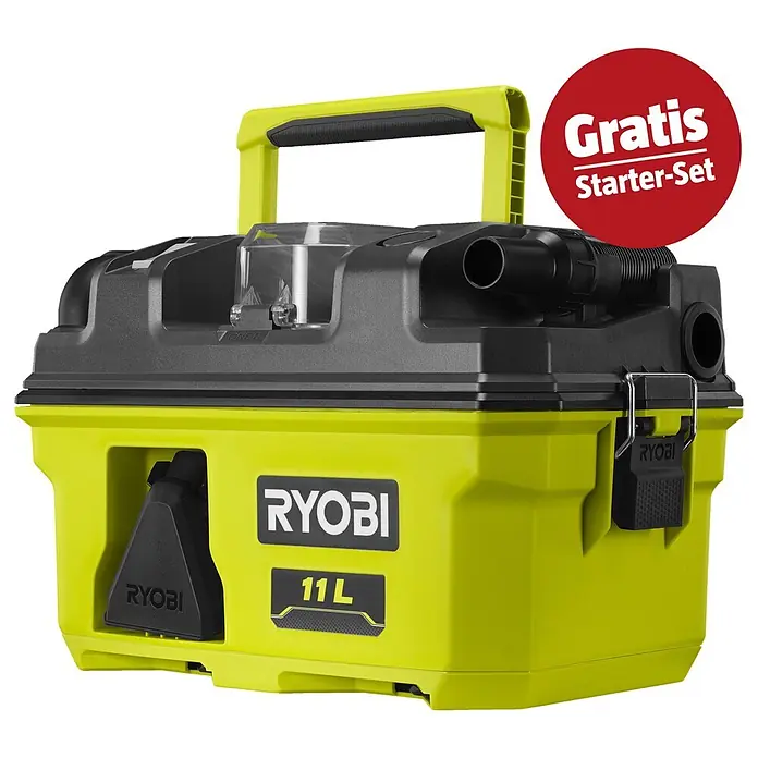 Ryobi ONE+ Maschinenpaket - Akku-Nass-Trockensauger RV1811-0 + gratis Starter-Kit - Gelber und schwarzer Ryobi 11L Nass-/Trockensauger mit Griff und "Gratis Starter-Set"-Abzeichen.