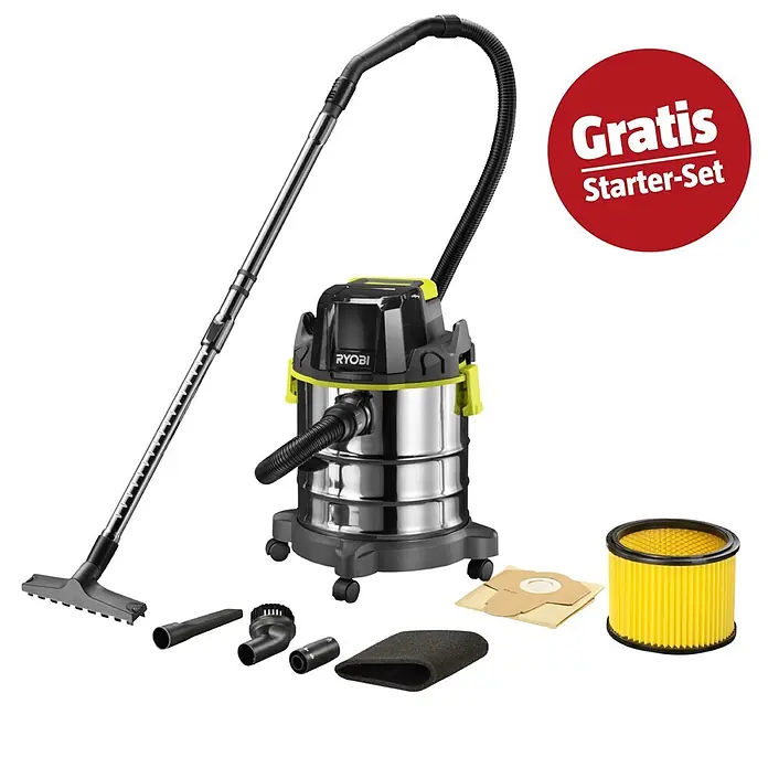 Ryobi ONE+ Maschinenpaket - Akku-Nass-Trockensauger R18WDV-0 + gratis Starter-Kit - Ryobi Nass-Trockensauger aus Edelstahl mit schwarzen/gelben Akzenten, Schlauch, Saugrohr, Düsen & Filterset, beschriftet mit 'Gratis Starter-Set'.