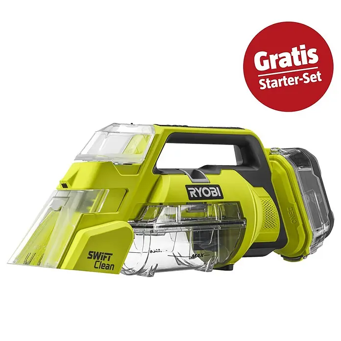 Ryobi ONE+ Maschinenpaket - Akku-Nass-Trockensauger RDC18-0 + gratis Starter-Kit - Ryobi Swift Clean tragbarer Fleckenreiniger in Grün und Schwarz mit transparenten Behältern.