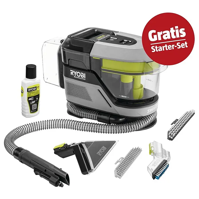 Ryobi ONE+ Maschinenpaket - Akku-Waschsauger Pro RDC18BL-0 + gratis Starter-Kit - Ryobi Swift Clean Solution Teppichreiniger in Schwarz, Grau, Limettengrün, mit Reinigungsflüssigkeit, Schlauch und Aufsätzen, inkl. Gratis Starter-Set.