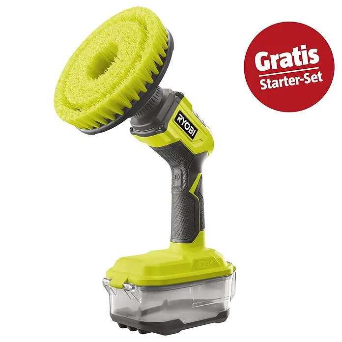 Ryobi ONE+ Maschinenpaket - Akku-Reinigungsbürste R18CPS-0 + gratis Starter-Kit - Ryobi ONE+ elektrische Reinigungsbürste mit gelbem Rundbürstenkopf und transparentem Behälter, inkl. Gratis Starter-Set.