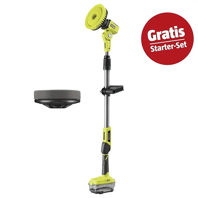 Ryobi ONE+ Maschinenpaket - Akku-Reinigungsbürste R18TPS-0 + gratis Starter-Kit - Gelbe und schwarze Ryobi Elektro-Reinigungsbürste mit drehbarem Bürstenkopf, separatem grauen Reinigungspad und rotem 'Gratis Starter-Set' Etikett.