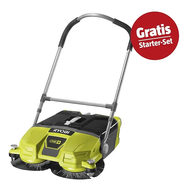 Ryobi ONE+ Maschinenpaket - Akku-Handkehrmaschine R18SW3-0 + gratis Starter-Kit - Ryobi ONE+ Akku-Kehrmaschine in Limettengrün und Schwarz mit Frontbürsten und silbernem Griff. Inkl. 'Gratis Starter-Set' Aktion.