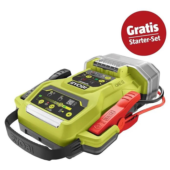 Ryobi ONE+ Maschinenpaket - Starthilfegerät RJSC18-0 + gratis Starter-Kit - Ryobi ONE+ Starthilfe, limettengrün und schwarz mit roten Klemmen, mit Bedienelementen und „Gratis Starter-Set“-Hinweis.