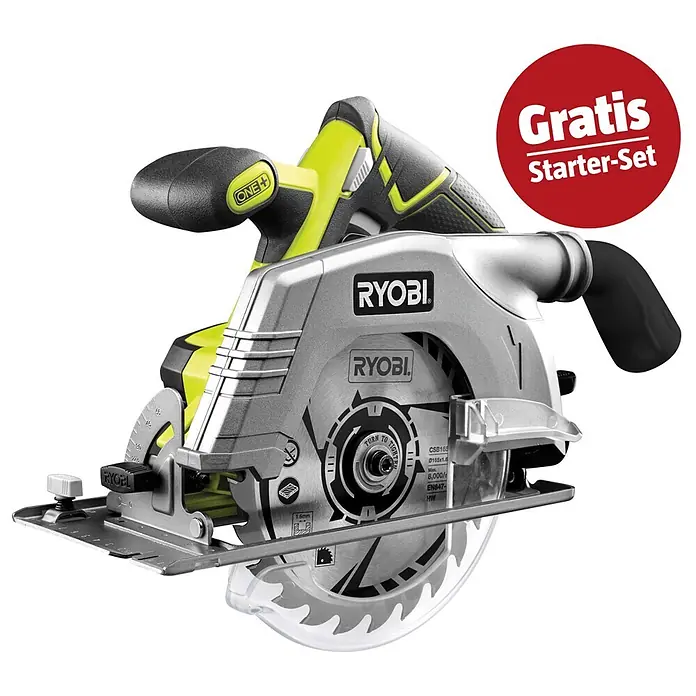 Ryobi ONE+ Maschinenpaket - Akku-Handkreissäge R18CS-0 + gratis Starter-Kit - Ryobi Handkreissäge: silbernes Gehäuse, gelb-grüne Akzente, schwarzer Griff. Inklusive „Gratis Starter-Set“ Aktion.