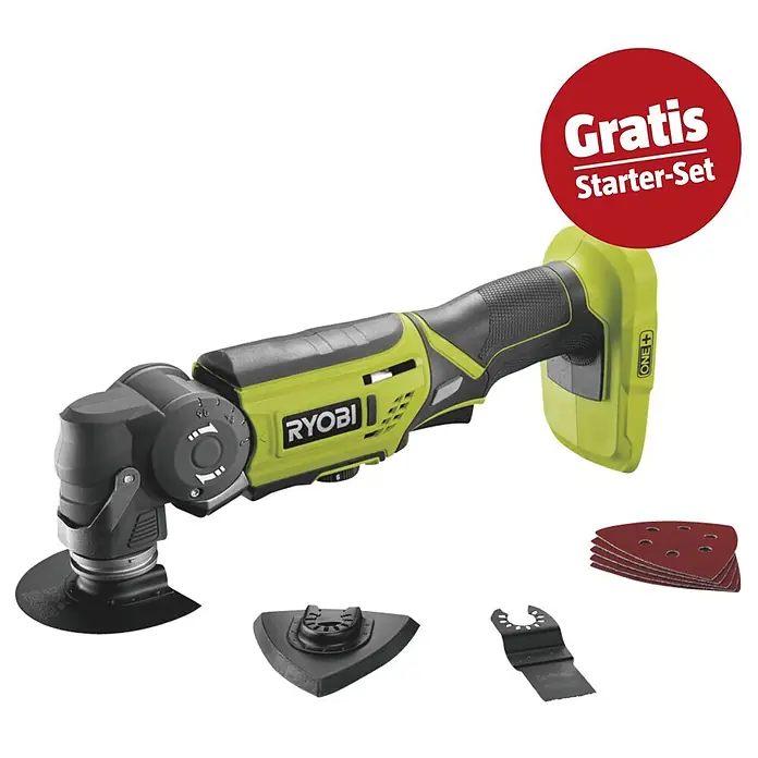 Ryobi ONE+ Maschinenpaket - Akku-Multifunktionswerkzeug R18MT-0 + gratis Starter-Kit - Grünes und schwarzes Ryobi Oszillierwerkzeug mit Akku und Starter-Set aus Schleifpads, Schleifplatte und Klinge.