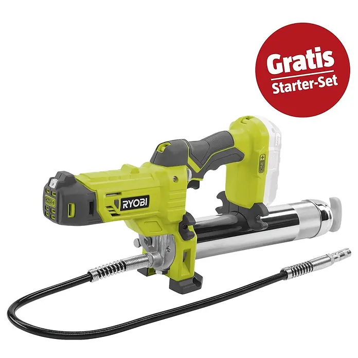 Ryobi ONE+ Maschinenpaket - Akku-Fettpresse R18GG-0 + gratis Starter-Kit - Ryobi Akku-Fettpresse in Grün und Schwarz mit silbernen Komponenten und flexiblem Schlauch. Inklusive „Gratis Starter-Set“ Promotion.