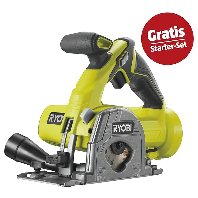 Ryobi ONE+ Maschinenpaket - Akku-Tauchsäge R18MMS-0 + gratis Starter-Kit - Gelbe und graue Ryobi Akku-Handkreissäge mit rotem „Gratis Starter-Set“ Etikett.