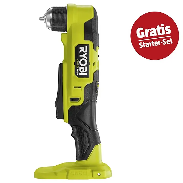 Ryobi ONE+HP Maschinenpaket - Akku-Winkelbohrschrauber RAD18C-0 + gratis Starter-Kit - Ryobi Akku-Winkelbohrmaschine in Limettengrün-Schwarz, mit rotem Kreis 'Gratis Starter-Set'.