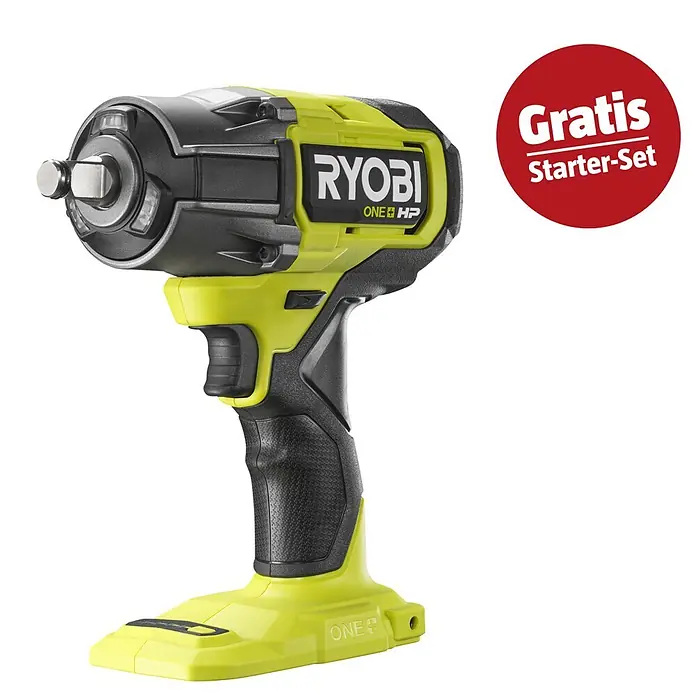 Ryobi ONE+HP Maschinenpaket - Akku-Kombihammer RSDS18X-0 + gratis Starter-Kit - Limegrüner und schwarzer Ryobi ONE+ HP Akku-Schlagschrauber mit rotem „Gratis Starter-Set“-Aufkleber.