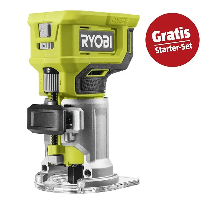 Ryobi ONE+ Maschinenpaket - Akku-Kantenfräser RTR18-0 + gratis Starter-Kit - Eine grün-silberne Ryobi Kompaktfräse mit klarer Basis und einem roten "Gratis Starter-Set" Aufkleber.