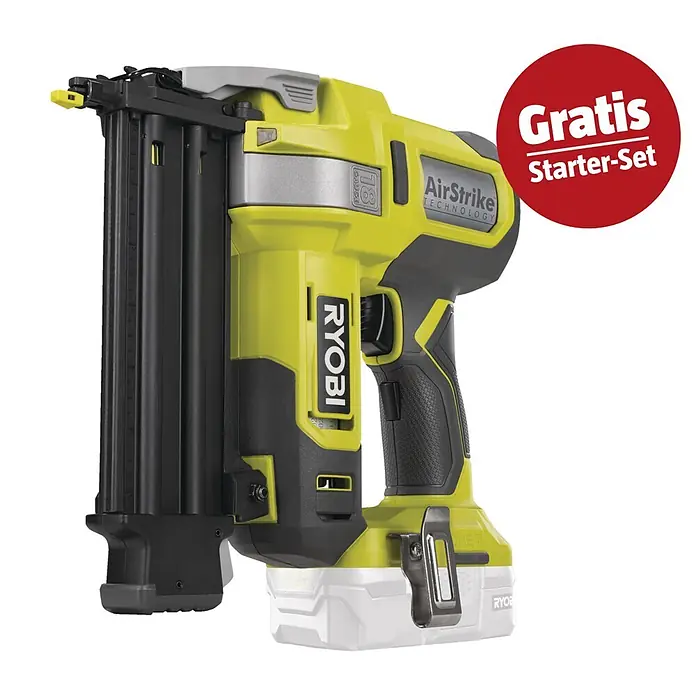 Ryobi ONE+ Maschinenpaket - Akku-Nagler R18GN18-0 + gratis Starter-Kit - Ryobi grüner und schwarzer Akku-Nagler (18 Gauge) mit AirStrike Technology und weißem Akku. Inklusive Gratis Starter-Set.