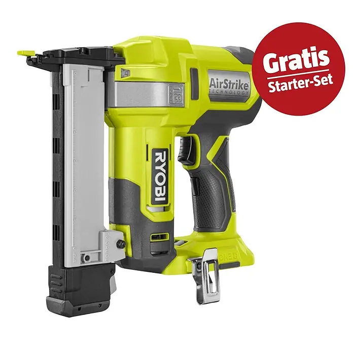 Ryobi ONE+ Maschinenpaket - Akku-Tacker R18GS18-0 + gratis Starter-Kit - Ryobi AirStrike 18V ONE+ limegrüner 18-Gauge-Nagler mit rotem „Gratis Starter-Set“ Emblem.