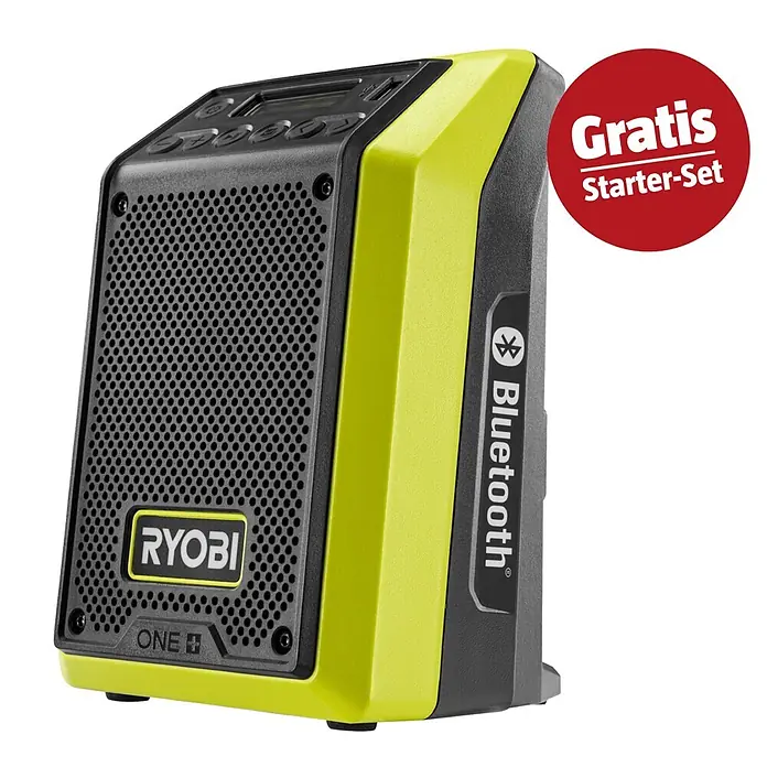 Ryobi ONE+ Maschinenpaket - Akku-Bluetooth-Radio RRDAB18-0 + gratis Starter-Kit - Schwarz-limegrüner Ryobi Bluetooth-Lautsprecher mit rotem 'Gratis Starter-Set' Aufkleber.