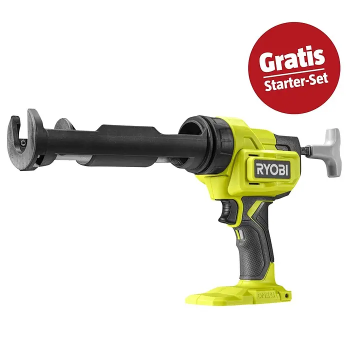 Ryobi ONE+ Maschinenpaket - Akku-Kartuschenpresse RCG18-0 + gratis Starter-Kit - Gelb-schwarze Ryobi ONE+ Akku-Kartuschenpistole zum Auftragen von Dichtmitteln.