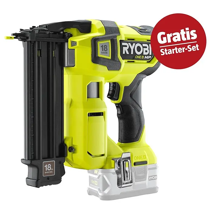 Ryobi ONE+ Maschinenpaket - Akku-Nagler R18GN18X-0 + gratis Starter-Kit - Ryobi 18V ONE+ HP Akku-Nagler in Neongelb und Schwarz, 18 Gauge Kapazität.