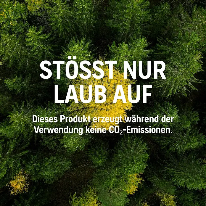 Husqvarna Akku-Laubsauger & -Laubbläser 120iBV - Ohne Akku, Blasgeschwindigkeit: 172 km/h - Luftaufnahme eines Waldes mit Text, der ein umweltfreundliches Produkt ohne CO2-Emissionen bewirbt.