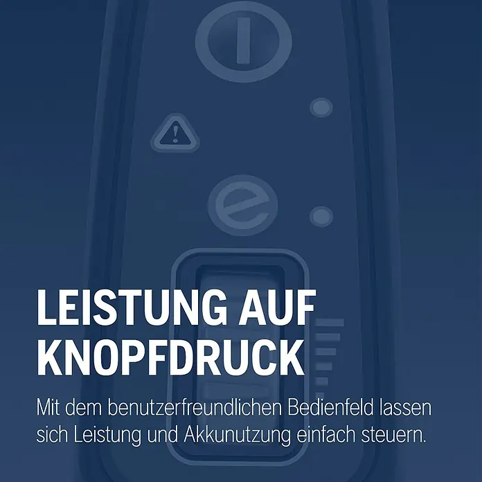 Husqvarna Akku-Laubsauger & -Laubbläser 120iBV - Ohne Akku, Blasgeschwindigkeit: 172 km/h - Dunkelblaues elektronisches Bedienfeld mit weißen Symbolen für Ein/Aus, Warnung und Batteriestand zur einfachen Steuerung.