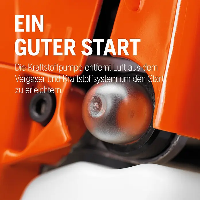 Husqvarna Benzin-Laubbläser 125B - Blasgeschwindigkeit: 200 km/h - Metallische Primerbirne an orangefarbener Maschine, entfernt Luft aus dem Kraftstoffsystem für leichteres Starten.